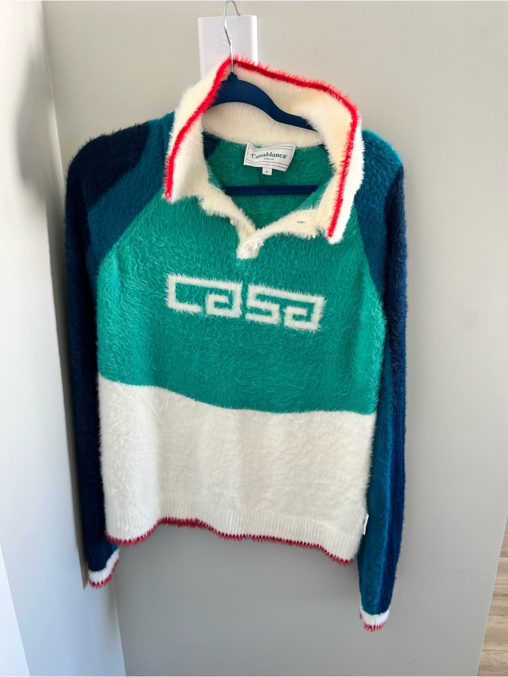Teal and White Mohair-Blend Polo Sweater
